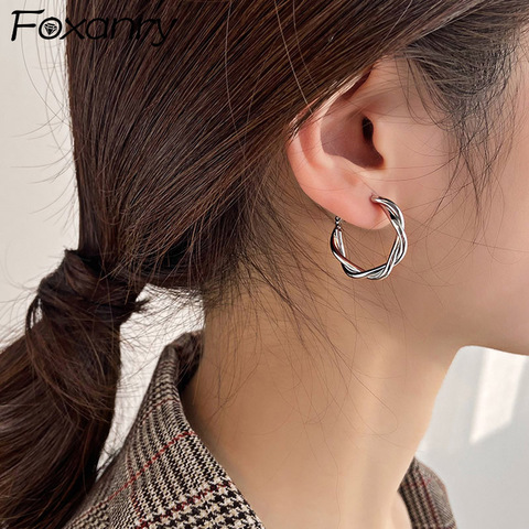 Foxanry INS-pendientes tipo botón de plata fina para mujer, círculo retorcido Simple creativo, regalos de joyería para fiesta de cumpleaños, 925 ► Foto 1/6