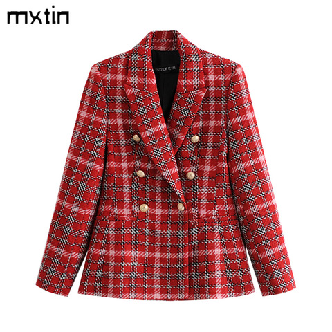 Blazer a cuadros con doble botonadura para mujer, chaqueta de trabajo, para oficina, otoño ► Foto 1/6