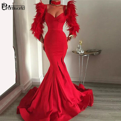Rojo Sexy vestido de noche de Dubai 2022 manga larga plumas Formal vestido de novia satén sirena vestidos fiesta vestido de - Historial de precios y revisión | Vendedor de AliExpress -