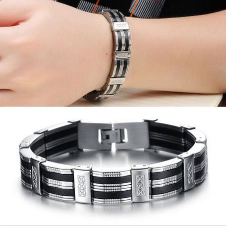 Brazaletes negros hechos de silicona mezcla pulsera de acero inoxidable mejor joyería de moda hombres clásico de lujo hombre pulseras amigos 1 piezas ► Foto 1/6