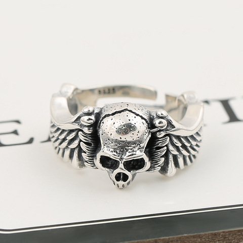 Anillo de Plata de Ley 925 estilo Hip Hop Punk, joyería con forma de ala y calavera, anillo ajustable, regalo de San Valentín ► Foto 1/1