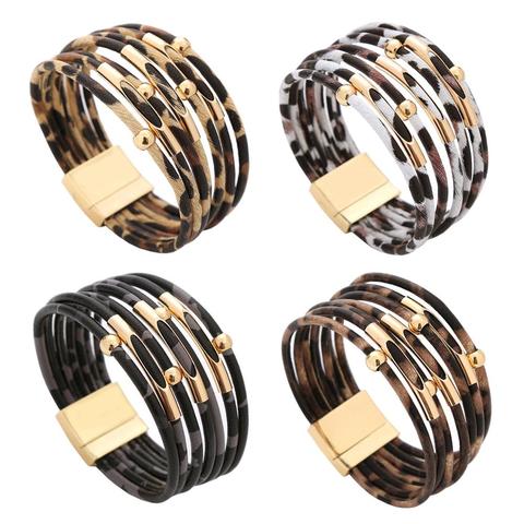 Wgoud-brazalete de piel de leopardo para mujer y niña, brazaletes con estampado Animal, pulsera magnética de envoltura ancha multicapa ► Foto 1/6