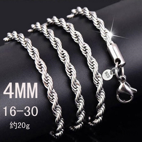 Cadena de cuerda de plata de ley 100% auténtica para hombre, cadena de 4MM, Unisex, para fiesta, boda, regalo ► Foto 1/6