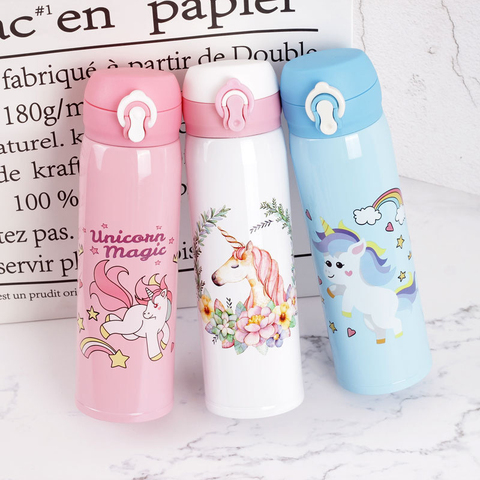 Botella de agua de unicornio para niñas, termo frío y caliente de acero inoxidable, aislado al vacío, de doble pared, con dibujos de unicornios ► Foto 1/6