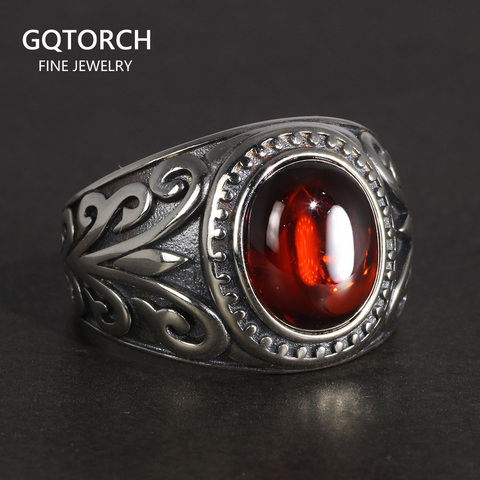 Anillo Vintage de Plata de Ley 925 auténtica con grabado de flores para hombre, joyería fina con piedra Natural granate roja ► Foto 1/6