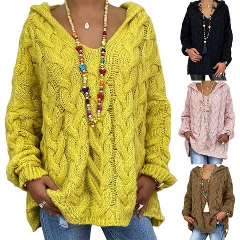 Suéter con capucha de manga larga para mujer, Jersey de punto de Color sólido, diseño trenzado con capucha, suéter informal de estilo suelto para otoño ► Foto 1/6