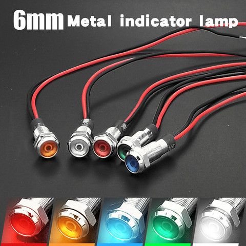 Luz de indicador LED de Metal de cabeza plana de 6mm lámpara de señal impermeable, 3V, 5V, 6V, 12V, 24V, 220v, con cable, rojo, amarillo, azul, verde, blanco, 1 Uds. ► Foto 1/6