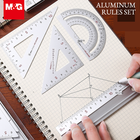 M & G 4 unids/set negro/plateado aluminio Metal regla Set matemáticas dibujo brújula papelería reglas lápiz para estudiante papelería ► Foto 1/5