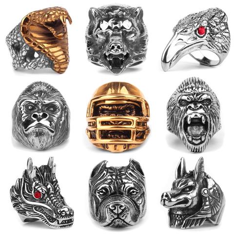 Anillos de acero inoxidable con diseño de animales para hombres, figuras de acción de águila, perro, dragón, pájaro, serpiente dorada, Punk, Hip Hop para hombres y chicos, regalo creativo, venta al por mayor ► Foto 1/6