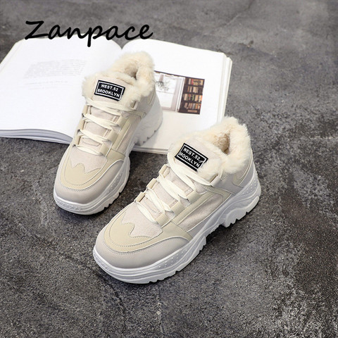 ZANPACE-zapatillas de deporte informales para mujer, zapatos cálidos con plataforma para invierno, botas de nieve de piel de felpa, calzado con cordones para primavera ► Foto 1/6