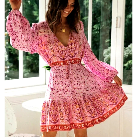 TEELYNN bohemio-Vestido corto de algodón con manga larga para otoño, minivestido Sexy con volantes para mujer, estampado floral Rosa vintage, cuello en V ► Foto 1/6