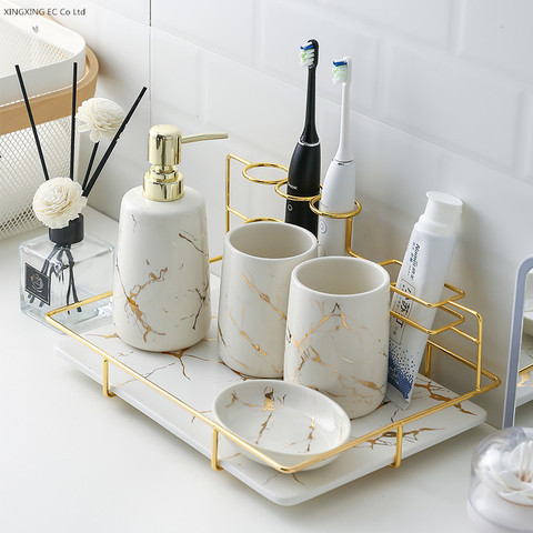 Kit de baño de cerámica, taza de enjuague bucal, botella de loción, soporte para taza de cepillo de dientes, accesorios creativos para baño, decoración de baño ► Foto 1/6