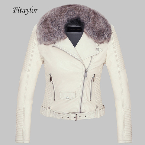 Fitaylor-chaqueta de piel sintética para mujer, abrigo cálido con cuello de piel, rosa, Pu, para motocicleta, prendas de vestir de motorista, Punk, negro, para invierno ► Foto 1/6