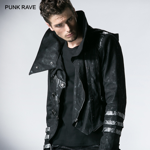 PUNK RAVE hombres gótico largo invierno negro largo ajustable chaquetas estilo Punk Visual Kei moda Abrigo con capucha rompevientos hombres ► Foto 1/6