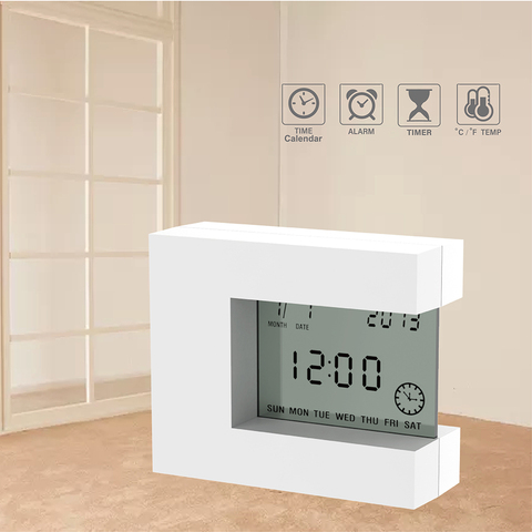 Reloj despertador LCD Digital para el hogar, cronógrafo eléctrico moderno con calendario, temperatura y temporizador, batería para dormitorio, color blanco ► Foto 1/6