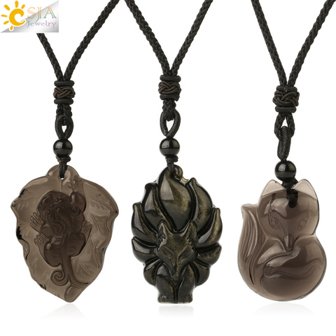 CSJA-collar de obsidiana con piedra Natural tallada para hombre y mujer, amuleto colgante con forma de zorro de nueve colas, Animal de la suerte, joyería G364 ► Foto 1/6