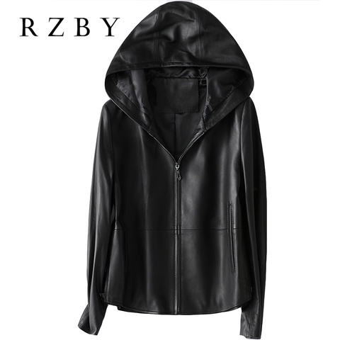 RZBY-100% de piel de oveja auténtica para Mujer, Chaqueta con capucha informal, chaquetas de cuero genuino a la moda, de alta calidad, primavera 2022 ► Foto 1/6