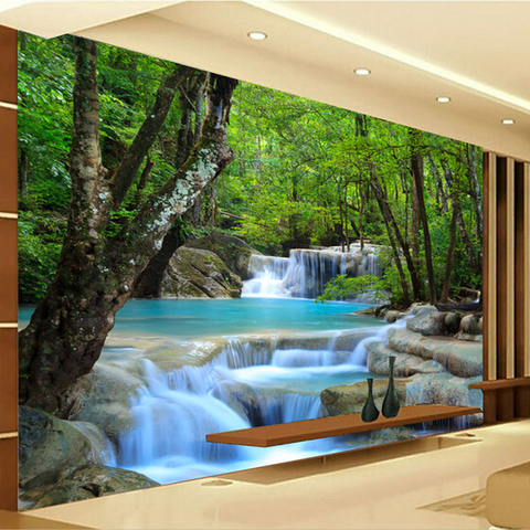 Papel tapiz con foto personalizada para sala de estar, Mural decorativo de cascada, bosque, río, pared, revestimiento de pared del dormitorio ► Foto 1/6