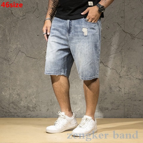 Pantalones cortos de mezclilla para hombre, shorts ligeros de talla grande, holgados, con agujeros, de cinco puntos, de algodón, talla grande, para verano ► Foto 1/6