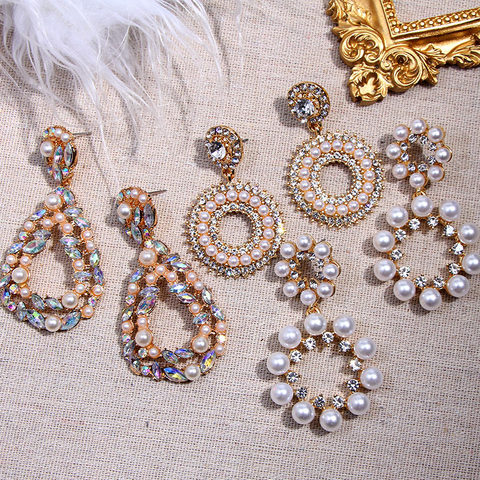 Flatfoosie-pendientes de perlas de imitación para mujer, aretes colgantes de cristal redondos geométricos dorados, joya de boda romántica 2022 ► Foto 1/6