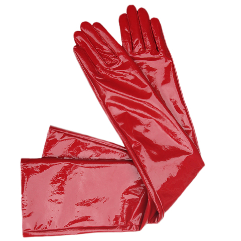 Guantes largos de charol auténtico para mujer, de color negro brillante, largo, azul, 70cm, Rojo ► Foto 1/6