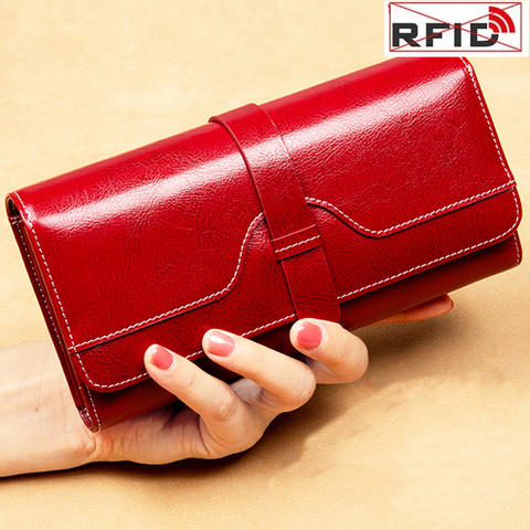 Cartera de cuero genuino de lujo para mujer, cartera larga antirrobo RFID, carteras para tarjetas de crédito, monedero ► Foto 1/6