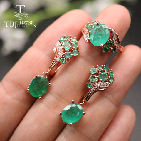 TBJ Natural Esmeralda conjunto de joyas de lujo zambia verde emrald anillo aros joyería fina de plata esterlina 925 para mujeres regalo agradable ► Foto 1/1