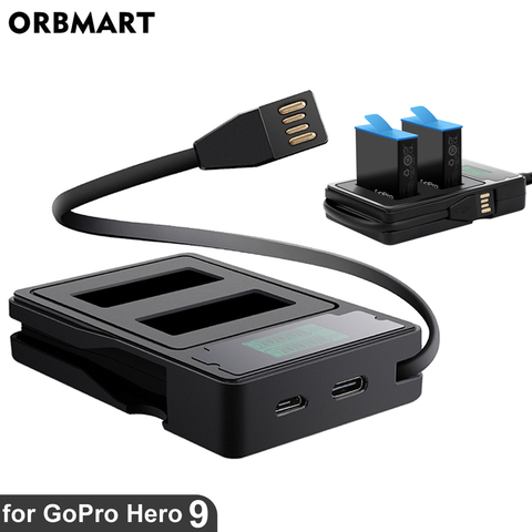 ORBMART-cargador de batería para GoPro Hero 9, puerto Dual con pantalla LCD, Cable de carga, accesorios, color negro ► Foto 1/6