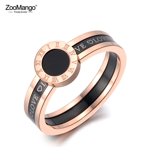 ZooMango-anillos de boda con números romanos de amor acrílico negro clásico para mujer, sortija de acero inoxidable de titanio, joyería ZR19060 ► Foto 1/5