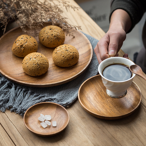 Juego de vajilla redonda de madera sólida, Set de vajilla con baratija, platos de postre PARA CENA DE madera de Acacia, platos de desayuno para Sushi y fruta ► Foto 1/6