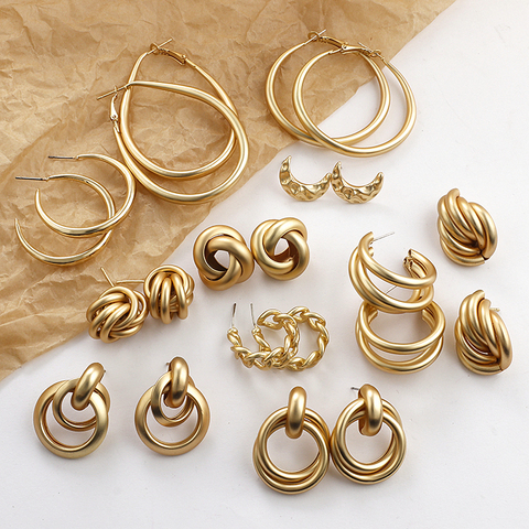 AENSOA-Pendientes geométricos dorados, pendientes de color dorado con diseños geométricos redondos, para mujeres ► Foto 1/6