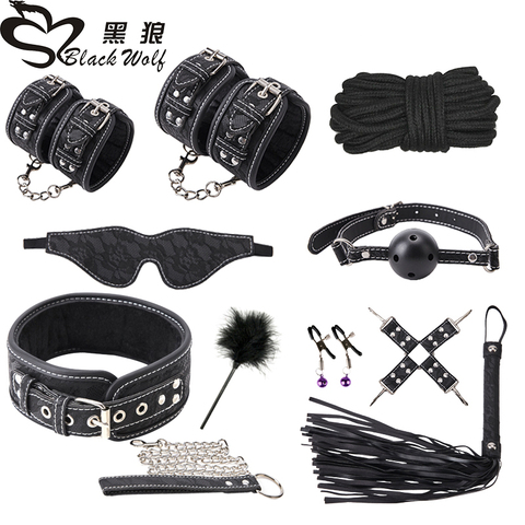 Imprimir 10 unids/set sexo productos eróticos para adultos juguetes sadomasoquismo sexo Bondage Set esposas pezones abrazaderas látigo mordaza cuerda juguetes sexuales para parejas ► Foto 1/6