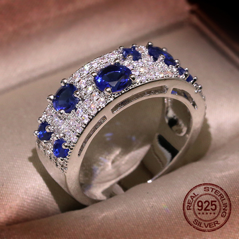 Anillo de plata S925 para mujer, joya de Nano CZ azul, joyería brillante auténtica, regalo de joyería para fiesta y boda ► Foto 1/4