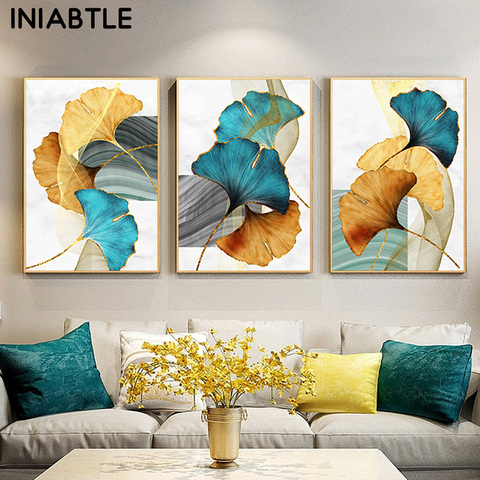 Póster de lienzo con planta de hojas de oro amarillo y verde azul, Pintura abstracta, arte de pared, estampado de cuadros modernos nórdicos, decoración para sala de estar ► Foto 1/6