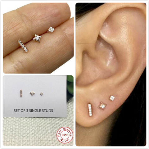 3 unids/set pendientes de plata 925 Real para mujer pendientes de circonita pequeña regalo de niña pendientes de Piercing de cartílago para mujer delicados aretes R5 ► Foto 1/6