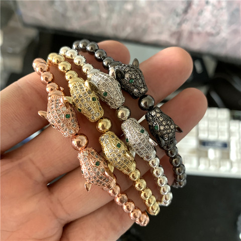 Pulsera de macramé trenzada con cabeza de leopardo para hombre y mujer, brazalete ajustable de cuentas de cobre, Micro pavé de CZ, Punk, regalo de joyería ► Foto 1/6