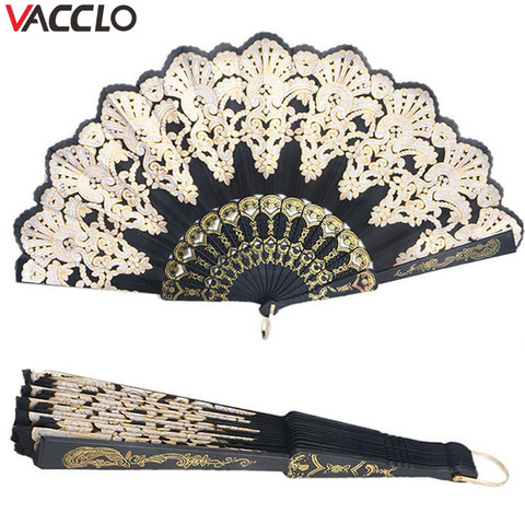 Vacclo plegable ventilador de la mano de La Flor de encaje negro boda fiesta de baile de los Fans de lujo de la moda caliente ventilador estampado estilo español ► Foto 1/6