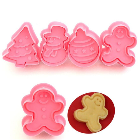 4 Uds sello molde galleta 3D Cookie émbolo cortador para pastelería decoración manualidades comida Fondant molde de hornear herramienta de árbol de Navidad muñeco de nieve ► Foto 1/5