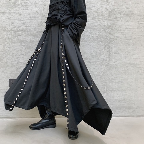 Pantalones de pierna ancha con cinta negra oscura para hombre y mujer, ropa de calle japonesa, pantalones harén góticos Punk, falda de Kimono ► Foto 1/5