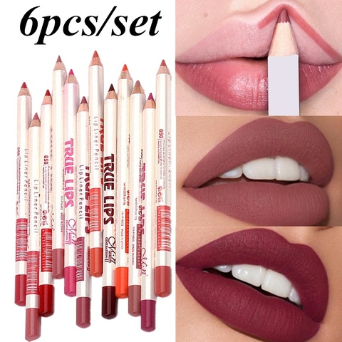 6 unids/set cosméticos de madera profesional delineador impermeable señora labios bonitos de lápiz suave contorno herramienta de maquillaje lápiz labial ► Foto 1/5