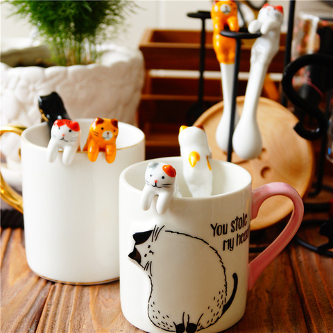 Cuchara creativa para beber, utensilios de cocina, vajilla de cerámica, cuchara de café y té, Mini mango corto de gato ► Foto 1/6