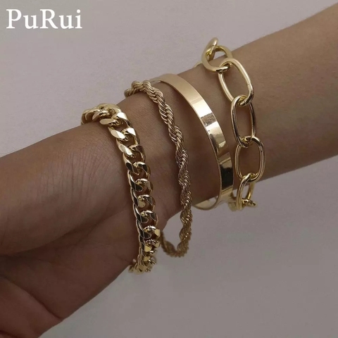 PuRui-Conjunto de pulseras con cadena cubana para mujer, 4 Uds., estilo Punk Curb, Miami, bohemio, Color dorado grueso, joyería ► Foto 1/6