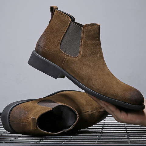 De moda de invierno de los hombres botas Chelsea marrón Slip-en cuero de vaca tendencia hombre ocio botas de tobillo negro Top Casual Shoes896 ► Foto 1/5