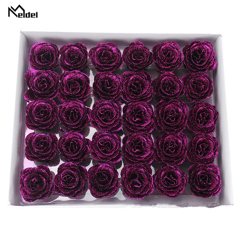 Meldel-Cabeza de flor rosa con purpurina de cristal, flor de Rosa Artificial, 1 caja, 30 Uds., decoración ostentosa para el hogar, regalo de Festival de boda ► Foto 1/6