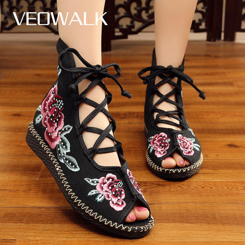 Veowalk hecho a mano de alta Top Mujer Zapatos gladiador plana Sandalias abrir peep toe verano algodón Borda Encaje up Zapatos sandials Mujer ► Foto 1/6