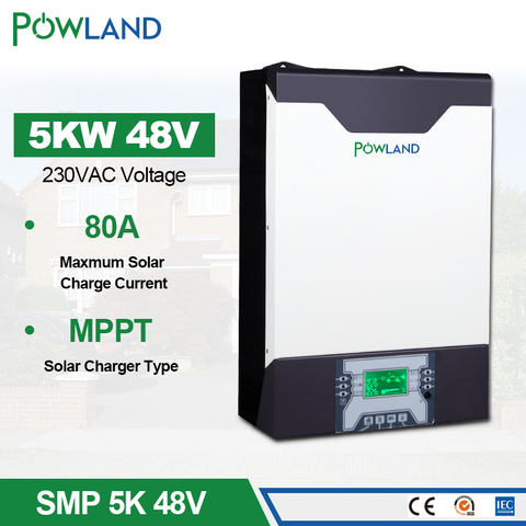 Inversor solar con cargador de batería, transformador de corriente híbrido de onda sinusoidal pura con función MPPT, 500Vdc, 5000W, 80A, 48V, 230VAC ► Foto 1/6