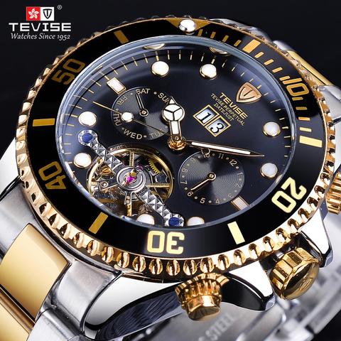 TEVISE Tourbillion-reloj de pulsera deportivo para hombre, automático, resistente al agua, con calendario, dorado, negro ► Foto 1/6