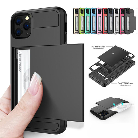 Funda para teléfono con ranura para tarjeta de crédito y cartera deslizante para iPhone 11Pro Max XR XS Max X 8 7 6 6S Plus Edge TPU Armor contraportada a prueba de golpes ► Foto 1/6