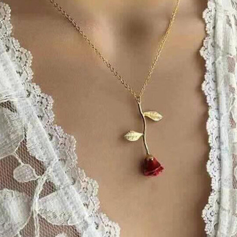 Collar de Rosa 3D, collar con abalorio personalizado, joyería de La Bella y La Bestia de La Flor de la Rosa superior, regalo de San Valentín para mujer ► Foto 1/6