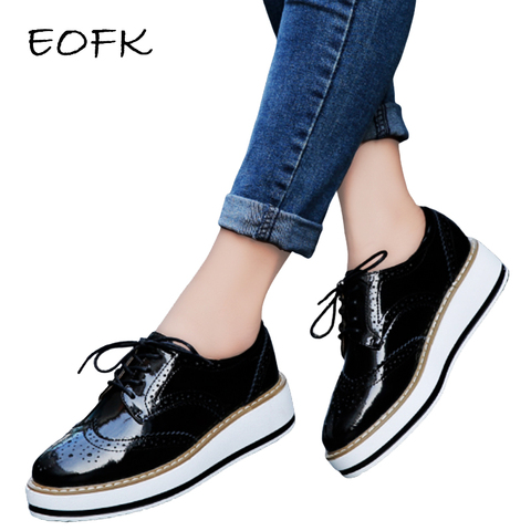 EOFK Primavera Plataforma de Las Mujeres Zapatos de Mujer Atan Para Arriba Calzado de Charol Pisos Brogue Oxford Zapatos Planos Femeninos de las mujeres zapatos derby zapato oxford mujer ► Foto 1/6